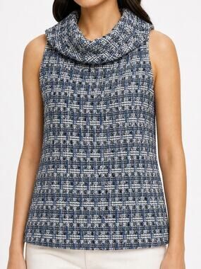 Sail to Sable Blue White Tweed Pearl Button Back Cowl Neck Sleeveless Top XS